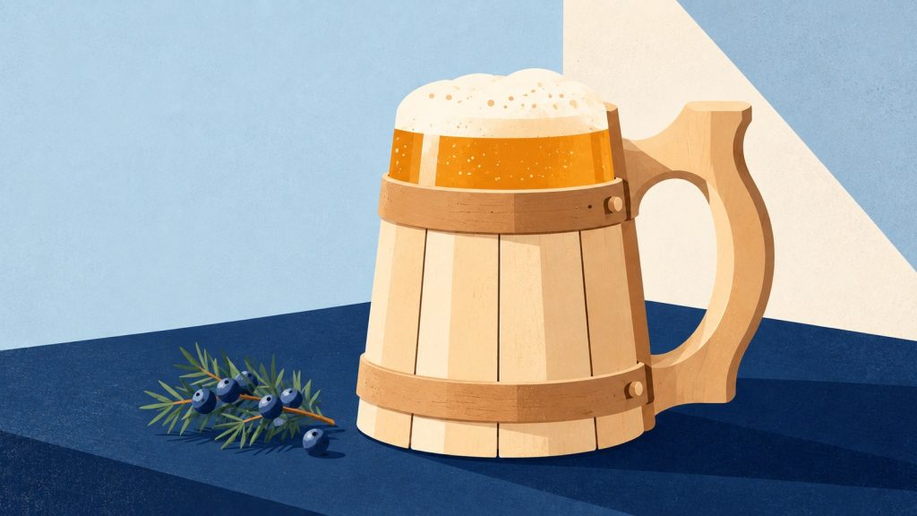 A traditional Estonian wooden beer tankard, or õllekapp, reimagined in a contemporary Nordic style. AI-generated illustration.