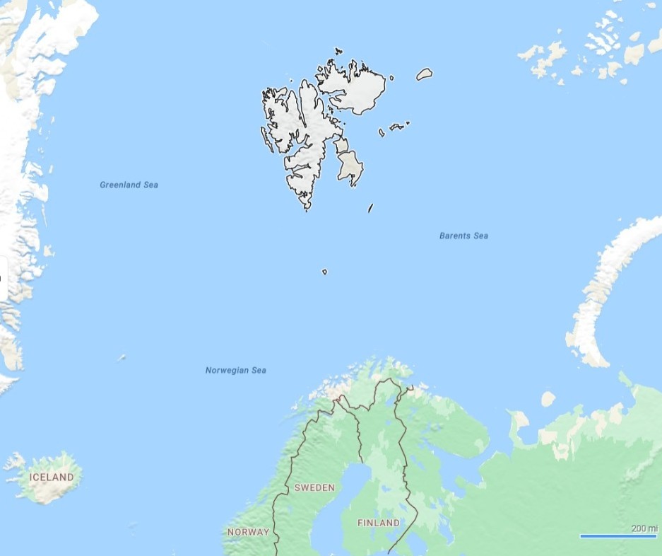 Svalbard lies in the Arctic Ocean, north of mainland Norway, between the Greenland and Barents seas. Map: Bing Maps.